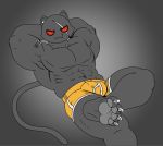  2020 4_toes :3 abs anthro big_muscles bulge clothed clothing domestic_cat epic_games felid feline felis fortnite grey_background grey_body grey_theme hands_behind_head hi_res looking_at_viewer male mammal meowscles_(fortnite) meowskulls muscular muscular_anthro muscular_male pecs red_eyes scar scratches simple_background smile solo toes topless video_games 