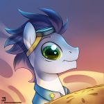  &lt;3 &lt;3_eyes 1:1 2019 blue_body blue_fur blue_mane clothing dessert english_text equid equine eyewear feral food friendship_is_magic fur goggles gradient_background green_eyes hasbro hi_res horse jedayskayvoker male mammal mane my_little_pony pie pony shirt signature simple_background soarin_(mlp) solo text topwear url wonderbolts_(mlp) 