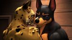  16:9 3d_(artwork) anthro brown_body brown_fur canid canine canis cheetah connivingrat digital_media_(artwork) dobermann domestic_dog dominic_pepe_(drboumboom32) duo felid feline fur hi_res humanoid looking_at_another male male/male mammal muscular muscular_male pinscher purple_eyes sharp_teeth teeth widescreen yellow_body yellow_fur 