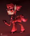  2019 absurd_res alastor_(hazbin_hotel) clothed clothed_feral clothing english_text equid equine eyewear feral footwear gradient_background grin hasbro hazbin_hotel hi_res hooves horse jedayskayvoker looking_at_viewer male mammal mane monocle my_little_pony pony raised_hoof red_background red_eyes red_mane red_sclera red_tail shoes signature simple_background smile solo standing suit text url white_body 