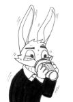  2016 4_fingers anthro bags_under_eyes beverage black_and_white black_clothing black_sweater black_topwear caffeine calvin_lapin_(spiff) cheek_tuft clothing coffee coffee_cup drinking eyebags eyebrows facial_tuft fan_character fingers fur half-length_portrait holding_beverage holding_object lagomorph leporid male mammal monochrome motion_lines necktie portrait rabbit raised_eyebrow shaking shirt simple_background solo spiff sweater tense topwear traditional_media_(artwork) trembling tuft white_background white_body white_clothing white_fur white_necktie white_shirt white_topwear 