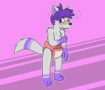  2020 anthro big_ears blush bodily_fluids bottomwear canid canine clothing cooper cute_expression cute_eyes cute_face diaper diaper_fetish exposed_diaper feet fluffy fluffy_tail fox fur gesture happy hindpaw long_ears looking_at_viewer male mammal nervous padding paws pink_body pink_fur purple_body purple_eyes purple_fur ritzcat simple_background smile smiling_at_viewer solo standing standing_position sweat sweatdrop 