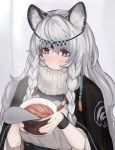  1girl animal_ear_fluff animal_ears arknights bead_necklace beads black_eyes blush braid breasts circlet commentary cup_ramen drooling earrings food hair_between_eyes holding holding_food infection_monitor_(arknights) jewelry kizimakizima kjerag_logo leopard_ears long_hair medium_breasts necklace pramanix_(arknights) ribbed_sweater saliva side_braids silver_hair single_earring solo steam sweater symbol_commentary tassel tassel_earrings twin_braids upper_body white_sweater 