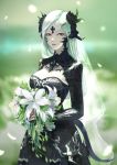  1girl absurdres au_ra black_flower black_rose blurry blurry_background bouquet dress final_fantasy final_fantasy_xiv flower hair_flower hair_ornament hairclip highres holding holding_bouquet horns long_hair parted_lips pink_lips plant red_eyes rose sample solo tail veil watermark wedding_dress white_flower white_hair yi_cat 