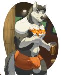  2020 abs anthro balls beer_mug big_bulge big_muscles big_pecs black_hair bulge canid canine canis clothing domestic_dog fur genital_outline genitals grey_body grey_eyes grey_fur hair hi_res holding_mug hooters huge_bulge husky looking_at_viewer male mammal muscular muscular_anthro muscular_arms muscular_male nordic_sled_dog orange_clothing orange_underwear pecs penis penis_outline poking_out shirt solo spitz standing tight_clothing topwear underwear white_clothing white_shirt white_topwear zawn 