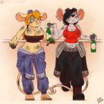  1:1 alcohol anthro beer beverage big_breasts black_hair blonde_hair blue_eyes breasts chip_&#039;n_dale_rescue_rangers clothed clothing digital_media_(artwork) disney drxii duo ear_piercing entwined_tails eyewear female female/female fur gadget_hackwrench glitch_(chip_&#039;n_dale_rescue_rangers) goggles hair hi_res mammal mouse murid murine piercing rodent simple_background smile smoking tail_coil 