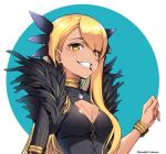  1girl bangs benitsuki_tsubasa blonde_hair blue_background bracelet breasts cleavage cleavage_cutout clenched_teeth clothing_cutout dark_skin dark_skinned_female dragon_girl dragon_horns facial_mark fate/grand_order fate_(series) green_eyes horns jewelry lip_piercing long_hair looking_at_viewer medium_breasts piercing smile solo swept_bangs teeth twitter_username two-tone_background upper_body vritra_(fate) white_background 