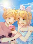  1boy 1girl ^^^ aqua_eyes bangs beach blonde_hair blue_dress bow commentary day dress eating food food_theft hair_bow hair_ornament hairclip hand_on_another&#039;s_arm highres ice_cream ice_cream_cone kagamine_len kagamine_rin keaifeng ocean open_mouth outdoors pink_shirt shirt short_hair short_ponytail shoulder_tattoo spiked_hair sun swept_bangs tattoo upper_body vocaloid white_bow 
