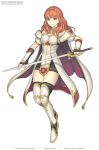 1girl breasts cape celica_(fire_emblem) fire_emblem fire_emblem_echoes:_shadows_of_valentia fire_emblem_heroes gofelem headband holding holding_sword holding_weapon looking_at_viewer red_eyes red_hair skindentation small_breasts solo sword thighhighs weapon white_background 