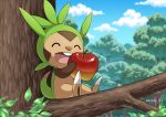  apple chespin closed_eyes cloud commentary_request day eating enishi_(menkura-rin10) food fruit gen_6_pokemon highres holding holding_food holding_fruit leaf open_mouth outdoors pokemon sitting sky teeth tongue tree 