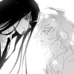  2boys black_hair closed_mouth collared_shirt commentary_request danganronpa_(series) danganronpa_3_(anime) earrings expressionless eye_contact face from_side jewelry kamukura_izuru komaeda_nagito long_hair looking_at_another male_focus medium_hair messy_hair monochrome multiple_boys necktie parted_lips ppap_(11zhakdpek19) profile red_eyes shirt simple_background spot_color upper_body white_background 