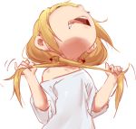  1girl asphyxiation autoasphyxiation blonde_hair futaba_anzu holding holding_hair idolmaster idolmaster_cinderella_girls long_hair low_twintails off_shoulder open_mouth saliva shirt short_sleeves simple_background solo strangling tongue tongue_out twintails upper_body upper_teeth very_long_hair white_background white_shirt xiaoyu 