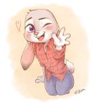  2018 4_fingers anthro blush buckteeth clothed clothing disney ezumi_mh fingers fully_clothed fur gesture grey_body grey_fur hi_res judy_hopps lagomorph leporid looking_at_viewer mammal one_eye_closed open_mouth open_smile purple_eyes rabbit signature simple_background smile solo tan_background teeth waving wink zootopia zoovenir123 