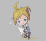  1boy ahoge arm_warmers black_collar black_shorts blonde_hair blue_eyes chibi collar collared_shirt commentary cursor grey_background grin holding huge_ahoge kagamine_len leg_warmers looking_at_viewer male_focus one_knee sailor_collar shirt short_ponytail short_sleeves shorts smile solo sparkle spiked_hair sweat vocaloid white_shirt wounds404 