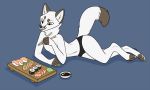  5:3 anthro brown_markings canid canine clothed clothing female food fox fur licking licking_lips mammal markings navel neck_tuft netuk pawpads pink_pawpads solo sushi tongue tongue_out topless topless_female tuft underwear white_body white_fur yellow_eyes 
