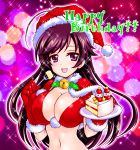 1girl ahoge bangs bell bikini black_eyes black_hair blurry bokeh breasts cake capelet christmas cleavage commentary depth_of_field english_text eyebrows_visible_through_hair food fork fur-trimmed_capelet fur_trim girls_und_panzer gloves happy_birthday hat holding holding_fork holding_plate isuzu_hana jingle_bell kuromori_yako large_breasts long_hair looking_at_viewer navel open_mouth pink_background plate red_bikini red_capelet red_gloves red_headwear santa_bikini santa_costume santa_gloves santa_hat smile solo sparkle swimsuit upper_body 