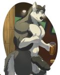  2020 abs animal_genitalia animal_penis anthro balls beer_mug big_balls big_muscles big_pecs big_penis black_hair black_penis canid canine canine_penis canis domestic_dog fur genitals grey_body grey_eyes grey_fur hair hi_res holding_mug huge_balls huge_penis husky looking_at_viewer male mammal muscular muscular_anthro muscular_arms muscular_male nordic_sled_dog nude pecs penis solo spitz standing thick_penis zawn 