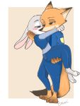  2016 anthro blush border bottomwear canid canine carrying clothed clothing disney duo ezumi_mh female fox fully_clothed fur grey_body grey_fur hi_res judy_hopps lagomorph leporid male mammal necktie nick_wilde orange_body orange_fur pants police_uniform rabbit red_fox shirt signature simple_background tan_background topwear uniform white_border zootopia 