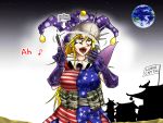  1girl american_flag american_flag_legwear american_flag_shirt architecture arrow_(symbol) bangs blonde_hair breasts c4 clownpiece commentary_request cowboy_shot earth east_asian_architecture eighth_note english_text explosive eyebrows_visible_through_hair eyes_visible_through_hair fairy_wings gloves grenade grenade_pin hair_between_eyes hat jester_cap large_breasts long_hair looking_up makeup music musical_note neck_ruff open_mouth orange_eyes pen pen-pineapple-apple-pen pointy_ears polka_dot polka_dot_headwear purple_gloves purple_headwear ryuuichi_(f_dragon) sharp_teeth singing sky solo star-shaped_pupils star_(sky) star_(symbol) star_print starry_sky suicide_bomb symbol-shaped_pupils teeth terrorism touhou wings 