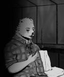  absurd_res anthro blood_on_clothing blood_on_face brown_bear clothing dean_(password) detailed_background hi_res humanoid_hands male mammal marsze5 monochrome password_(visual_novel) solo ursid ursine video_games visual_novel 