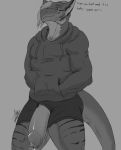  2020 anthro big_penis bottomwear clothing dialogue dragon english_text foreskin fur furred_dragon genitals greyscale hands_in_pockets hi_res hoodie huge_penis humanoid_genitalia humanoid_penis male monochrome penis penis_through_fly pockets poking_out portrait precum_drip shorts solo standing talking_to_viewer text three-quarter_portrait topwear uncut unretracted_foreskin zawn 