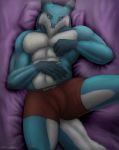  2019 5_fingers abs anthro blue_body blue_fur bulge clothed clothing fingers fur genital_outline green_eyes hi_res humanoid_hands looking_at_viewer male penis_outline purple_bedding red_clothing red_underwear sergal solo underwear underwear_only white_body white_fur zawn 