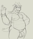  anthro belly big_belly biped bowser fours_(artist) genitals glans hi_res horn humanoid_genitalia humanoid_penis koopa male mario_bros monochrome muscular muscular_anthro muscular_male nintendo overweight overweight_anthro overweight_male penis pubes scalie sketch solo standing video_games 