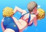  1girl ass bangs blue_shorts blush breasts brown_eyes brown_hair butt_crack cheerleader crop_top freckles from_behind girls_und_panzer gym_shorts highres holding holding_pom_poms looking_at_viewer looking_back medium_breasts naomi_(girls_und_panzer) pom_poms sasaki_tatsuya shiny shiny_hair shiny_skin short_hair shorts solo very_short_hair 