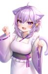  1girl :3 :d ahoge animal_ears blush breasts cat_ears cat_tail deaver eyebrows_visible_through_hair fang flower hair_flower hair_ornament highres hololive japanese_clothes kimono large_breasts nekomata_okayu obi open_mouth paw_pose purple_eyes purple_hair sash simple_background smile solo tail virtual_youtuber white_background wide_sleeves 