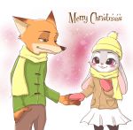  2016 anthro blush bottomwear canid canine clothed clothing coat disney duo english_text ezumi_mh female fox fully_clothed fur green_eyes grey_body grey_fur hand_holding hat headgear headwear hi_res judy_hopps lagomorph leporid male mammal nick_wilde open_mouth open_smile orange_body orange_fur purple_eyes rabbit red_fox scarf simple_background skirt smile text topwear white_background zootopia 