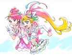  2girls :d blonde_hair blue_hair closed_mouth cure_grace cure_summer eyebrows_visible_through_hair fingerless_gloves flower gloves green_eyes hair_flower hair_ornament hanadera_nodoka healin&#039;_good_precure index_finger_raised itou_shin&#039;ichi long_hair looking_at_viewer magical_girl midriff multicolored_hair multiple_girls natsumi_manatsu open_mouth pink_hair ponytail precure red_eyes red_hair single_glove smile tropical-rouge!_precure v white_background white_gloves 