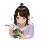  1girl blowing_on_food blush brown_hair chopsticks commentary_request cup_ramen douki-chan_(yomu_(sgt_epper)) eating eyebrows_visible_through_hair food ganbare_douki-chan glasses highres noodles open_mouth ramen simple_background solo tied_hair white_background yomu_(sgt_epper) 