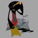  aegislash alternate_color apios1 commentary gen_6_pokemon grey_background grey_sclera hand_up moss no_humans number one-eyed pokedex_number pokemon pokemon_(creature) rock shading_eyes shiny_pokemon simple_background solo sword weapon yellow_eyes 