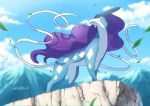  blurry cloud commentary_request day enishi_(menkura-rin10) from_below gen_2_pokemon highres leaves_in_wind legendary_pokemon looking_back mountainous_horizon no_humans outdoors pokemon pokemon_(creature) signature sky solo standing suicune 