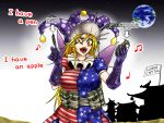  1girl american_flag american_flag_legwear american_flag_shirt architecture arrow_(symbol) bangs blonde_hair breasts c4 clownpiece commentary_request cowboy_shot earrings earth east_asian_architecture eighth_note english_text explosive eyebrows_visible_through_hair eyes_visible_through_hair fairy_wings flag gloves grenade hair_between_eyes hat jester_cap jewelry large_breasts long_hair looking_at_viewer makeup music musical_note neck_ruff open_mouth orange_eyes pen-pineapple-apple-pen pointy_ears polka_dot polka_dot_headwear puffy_short_sleeves puffy_sleeves purple_gloves purple_headwear ryuuichi_(f_dragon) sharp_teeth short_sleeves singing sky solo standing star-shaped_pupils star_(sky) star_(symbol) star_print starry_sky suicide_bomb symbol-shaped_pupils teeth terrorism touhou wings 