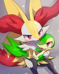  :o blush braixen commentary_request eye_contact eyelashes gen_5_pokemon gen_6_pokemon highres looking_at_another no_humans nullma on_lap open_mouth pokemon pokemon_(creature) pokemon_on_lap red_eyes snivy starter_pokemon tongue 