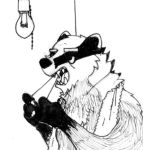  2016 anthro badger bags_under_eyes black_and_white black_nose cheek_tuft chest_tuft chin_tuft clothed clothing eyebags eyebrows facial_markings facial_tuft fan_character finger_claws fingerclaws flossing gloves_(marking) half-closed_eyes half-length_portrait head_markings inside light_bulb light_fixture low_res male mammal markings mature_male monochrome mustelid musteline narrowed_eyes neck_tuft portrait sharp_teeth shoulder_tuft simple_background solo spiff striped_face stripes teeth topless topless_male towel towel_around_neck traditional_media_(artwork) tristan_growlagher_(spiff) tuft white_background white_eyebrows white_towel 