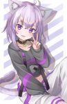  1girl absurdres ahoge animal_ears bangs black_collar black_jacket blush cat_ears cat_tail collar collarbone commentary_request diagonal_stripes eyebrows_visible_through_hair hand_up highres hololive jacket kiki_okina long_sleeves looking_at_viewer navel nekomata_okayu open_mouth purple_eyes purple_hair short_hair sitting smile solo striped striped_background tail virtual_youtuber w 