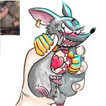  1:1 angry blush disembodied_hand ear_tag hi_res hole_(disambiguation) human kemonochara mad_rat_(character) mad_rat_dead male mammal murid murine rat ribs rodent seam_(sewing) sharp_teeth size_difference squeezing teeth 