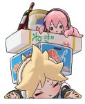  1boy 1girl :t arm_warmers blonde_hair blue_eyes bottle box closed_eyes commentary crushing food ice_cream ice_cream_cup kagamine_len looking_at_another lying naoko_(naonocoto) octopus on_stomach orange_print outstretched_arms pink_hair shirt solid_circle_eyes spiked_hair sweat takoluka tentacle_hair translated treble_clef v-shaped_eyebrows vocaloid white_background white_shirt wine_bottle 