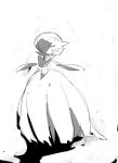  1girl apios1 backlighting bangs bare_shoulders bob_cut closed_eyes closed_mouth commentary dress elbow_gloves flat_chest flower full_body gardevoir gen_3_pokemon gloves greyscale hair_over_one_eye highres mega_gardevoir mega_pokemon monochrome petals pokemon pokemon_(creature) short_hair simple_background sketch solo standing strapless strapless_dress white_background 