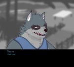  2020 angry anthro black_nose canid canine canis clothing english_text fur grey_body grey_fur hi_res male mammal marsze5 password_(visual_novel) profanity shirt teeth text topwear tyson_(password) video_games visual_novel wolf 