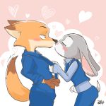  &lt;3 1:1 absurd_res anthro blush brown_body brown_fur canid canine clothed clothing disney duo ezumi_mh female fox fully_clothed fur grey_body grey_fur hi_res judy_hopps lagomorph leporid male mammal nick_wilde orange_body orange_fur pink_background police_uniform rabbit red_fox side_view simple_background uniform white_background zootopia 