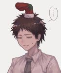  ... 1boy ai_(meira32373165) bangs brown_eyes brown_hair christmas_stocking collared_shirt commentary_request danganronpa_(series) danganronpa_2:_goodbye_despair grey_background highres hinata_hajime male_focus necktie open_mouth portrait red_legwear shirt short_hair simple_background sketch socks_removed solo spoken_ellipsis sweatdrop upper_body upper_teeth 