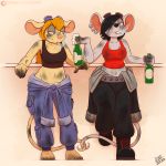  1:1 alcohol anthro beer beverage black_hair blonde_hair blue_eyes breasts chip_&#039;n_dale_rescue_rangers clothed clothing digital_media_(artwork) disney drxii duo ear_piercing entwined_tails eyewear female female/female fur gadget_hackwrench glitch_(chip_&#039;n_dale_rescue_rangers) goggles hair hi_res mammal mouse murid murine piercing rodent simple_background smile smoking tail_coil 