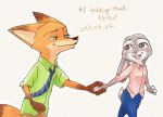  2017 anthro blush bottomwear buck_(disambiguation) canid canine clothed clothing disney ezumi_mh female fox fully_clothed fur grey_body grey_fur hand_holding hi_res judy_hopps lagomorph leporid male mammal necktie nick_wilde open_mouth open_smile orange_body orange_fur pants rabbit red_fox shirt simple_background smile topwear white_background zootopia 