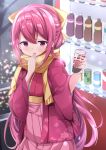  1girl acchii_(akina) blush bottle bow can coffee hair_bow hair_ribbon hakama highres holding japanese_clothes kamikaze_(kantai_collection) kantai_collection kimono long_hair open_mouth pink_hakama purple_eyes purple_hair ribbon soda solo tasuki vending_machine very_long_hair water_bottle yellow_bow yellow_ribbon 