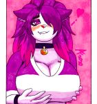  &lt;3 aaronhibiki anthro big_breasts blush breasts clothing collar domestic_cat fangs felid feline felis female fur goth hair hair_over_eye holding_breast huge_breasts looking_at_viewer makeup mammal multicolored_body multicolored_fur multicolored_hair nikki_(saucy) one_eye_obstructed pink_nose solo tight_clothing two_tone_body two_tone_fur two_tone_hair white_body 