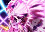  2girls bow brooch cape closed_eyes closed_mouth commentary_request cure_blossom cure_blossom_mirage hair_bow hanasaki_tsubomi heartcatch_precure! highres itou_shin&#039;ichi jewelry long_hair looking_away magical_girl multiple_girls pink_cape pink_eyes pink_hair ponytail precure red_bow smile wrist_cuffs 