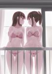  2girls balcony bangs blush bra breasts brown_eyes brown_hair cleavage clock commentary_request eye_contact eyebrows_visible_through_hair highres kamakama_(kdmorh_kamakama) large_breasts long_hair looking_at_another medium_breasts multiple_girls navel original panties pink_bra pink_panties ponytail underwear underwear_only yuri 